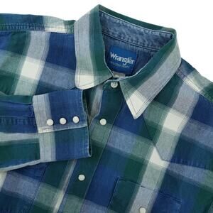 Wrangler‎ Western Shirt Mens L/XL? Plaid Brush Popper Pearl Snap Long Sleeve